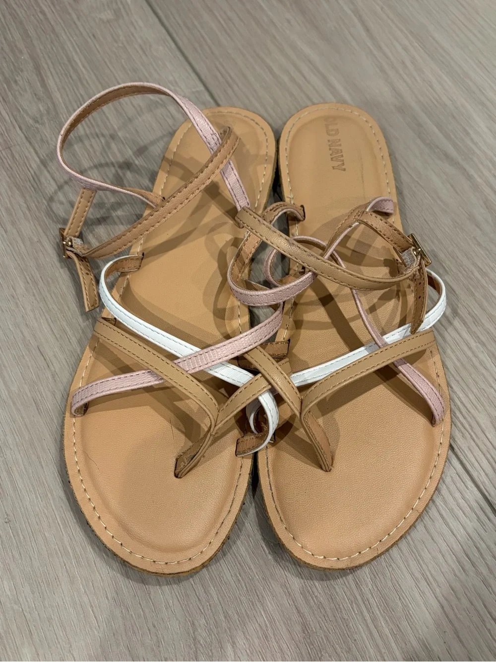Nude Sandals with Pink and White Straps